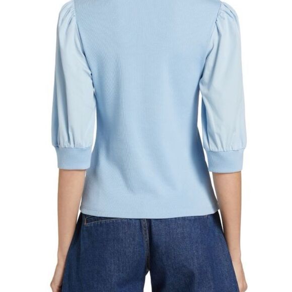 Veronica Beard Coralee Crewneck Top Cotton Rib Knit Puff Sleeve Lake Blue Large - Picture 2 of 12